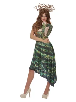 Smiffys Déguisement De Femme Méduse, Vert, (robe Asymétrique évasée Et Serre-tête à Tentacules)