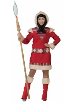 Déguisement Esquimau Femme Rouge - Motifs Ethniques Et Fausse Fourrure