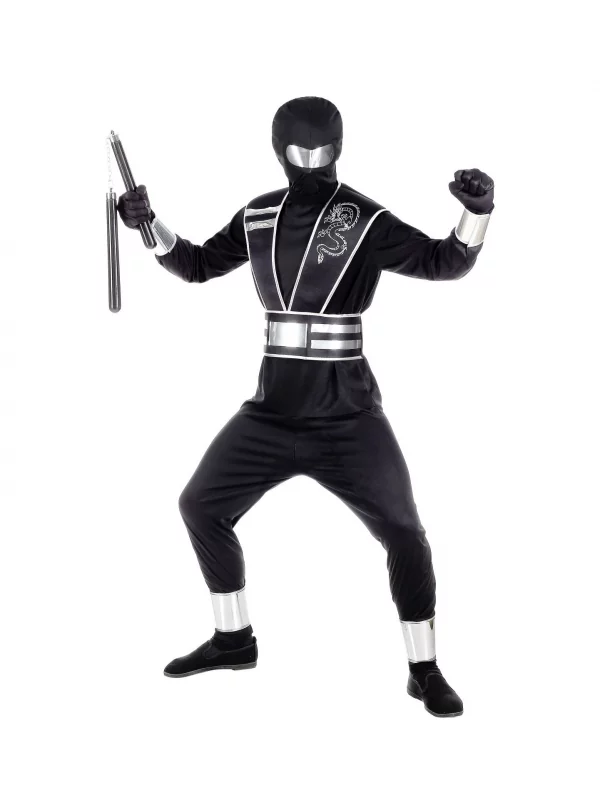 WIDMANN Déguisement Garçon Ninja Noir Et Argent (haut, Pantalon, Tabard, Ceinture, Protège-bras Et Jambes, Gants, Masque)