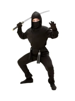 WIDMANN Déguisement Ninja Garçon Noir (casaque Avec Capuche, Pantalon, Ceinture, Masque, Bandes Pour Bras Et Jambes)