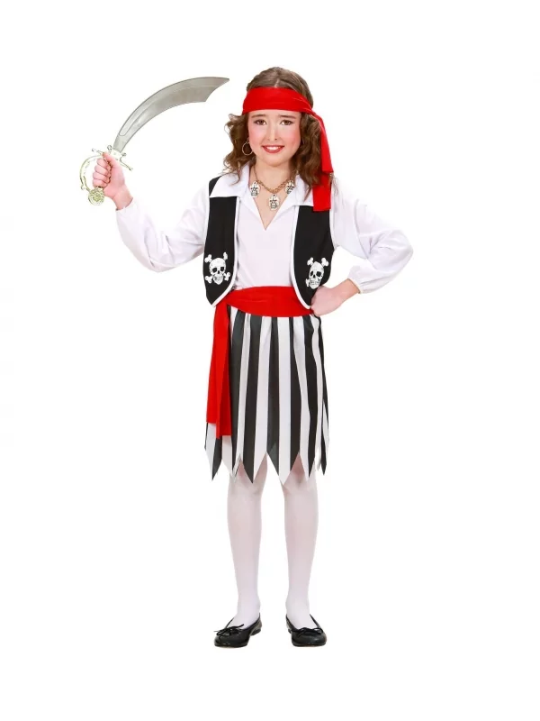 WIDMANN Déguisement Pirate Fille Blanc, Noir Et Rouge (chemise Avec Gilet, Jupe, Ceinture, Bandeau)