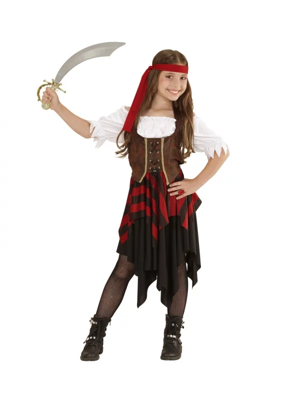 WIDMANN Déguisement Pirate Fille Rouge Et Noir (robe, Corset, Bandeau)