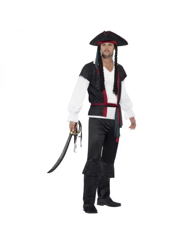 Smiffys Déguisement Pirate Homme Noir ( Haut, Pantalon, Ceinture Et Tricorne Avec Cheveux)