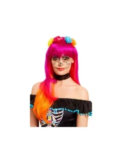 Smiffys Perruque Du Jour Des Morts Rose Et Orange Avec Des Fleurs