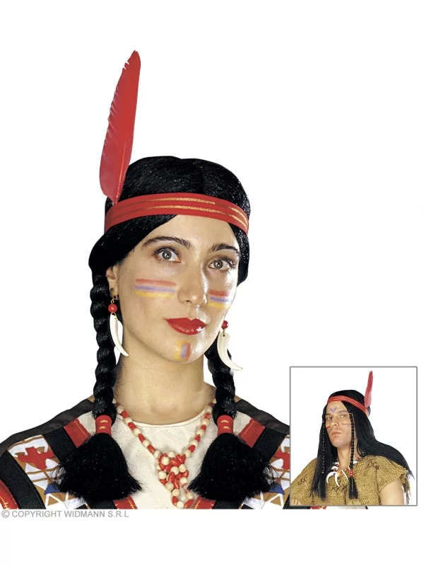 WIDMANN Perruque Noire D'indien Avec Deux Tresses Et Un Bandeau Ă Plume Rouge (mixte)