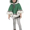 Poncho Inuit Enfant Vert Avec Fourrure Blanche