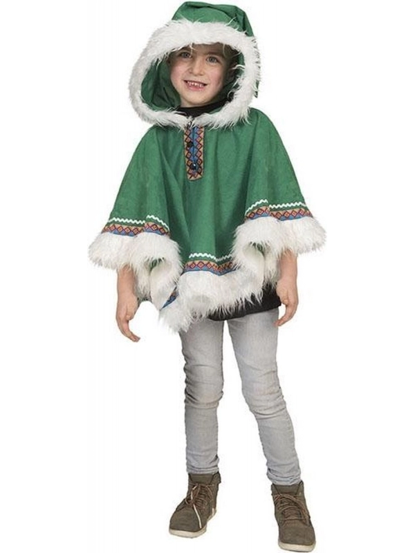 Poncho Inuit Enfant Vert Avec Fourrure Blanche
