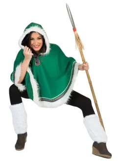 Poncho Inuit Vert Avec Capuche Et Fourrure Blanche - Femme