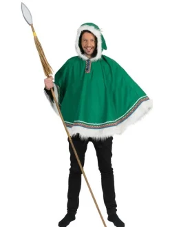 Poncho Inuit Vert Avec Capuche Et Fourrure Blanche - Homme