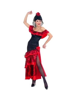 WIDMANN Robe Flamenco Femme Rouge Et Noire (robe Velours, Coiffe Avec Voile)