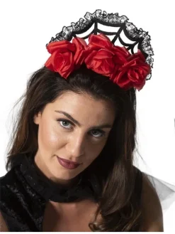 ESPA - Funny Fashion Serre-tête Jour Des Morts, Avec Voile Fleurs Rouges